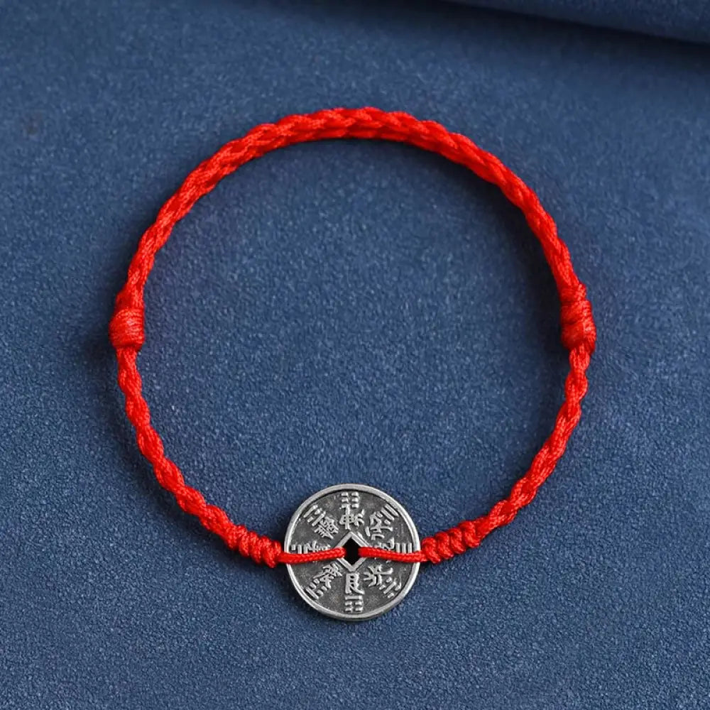 Buddha Stones 925 Sterling Silver Coin Protection Braided Bracelet Anklet - BWOOOH - Red Rope / Bracelet(Wrist