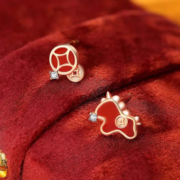 BWOOOH 925 Sterling Silver Coin Red Agate Year Of The Horse Asymmetric Protection Earrings — Sterling Silver crystal heali...