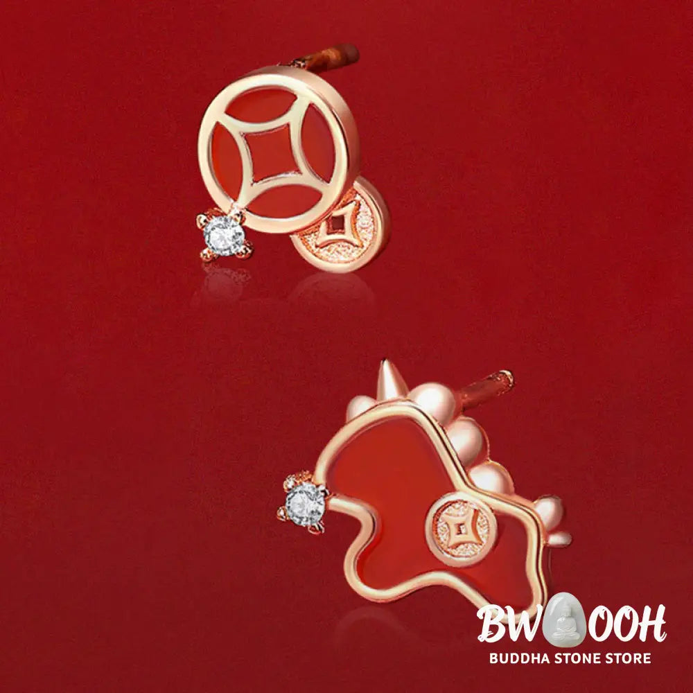 Buddha Stones 925 Sterling Silver Coin Red Agate Year Of The Horse Asymmetric Protection Earrings - Earrings