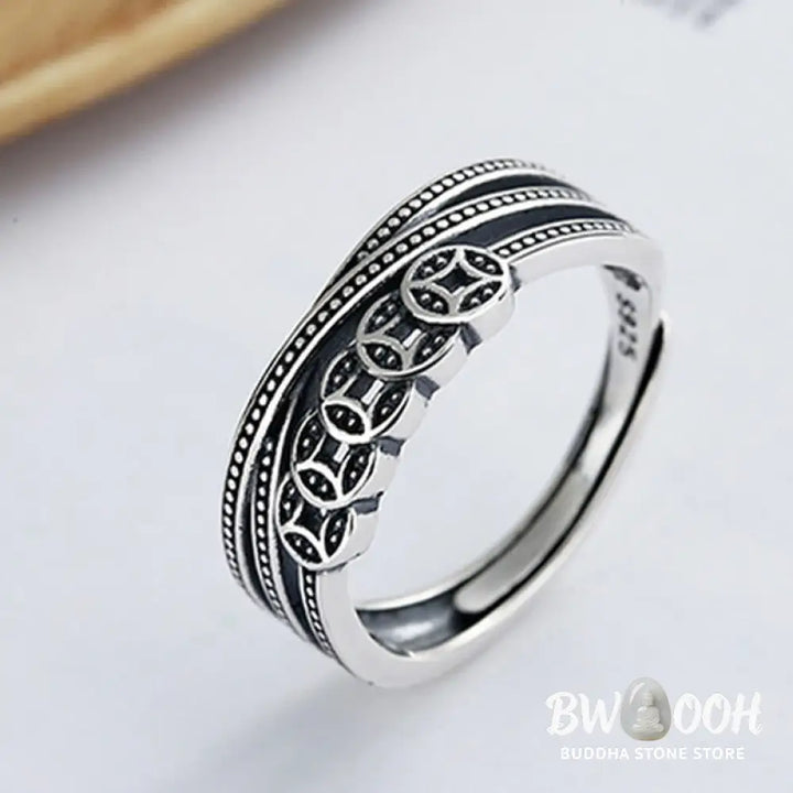 Buddha Stones 925 Sterling Silver Copper Coins Wealth Blessing Adjustable Ring - BWOOOH - 925 Sterling