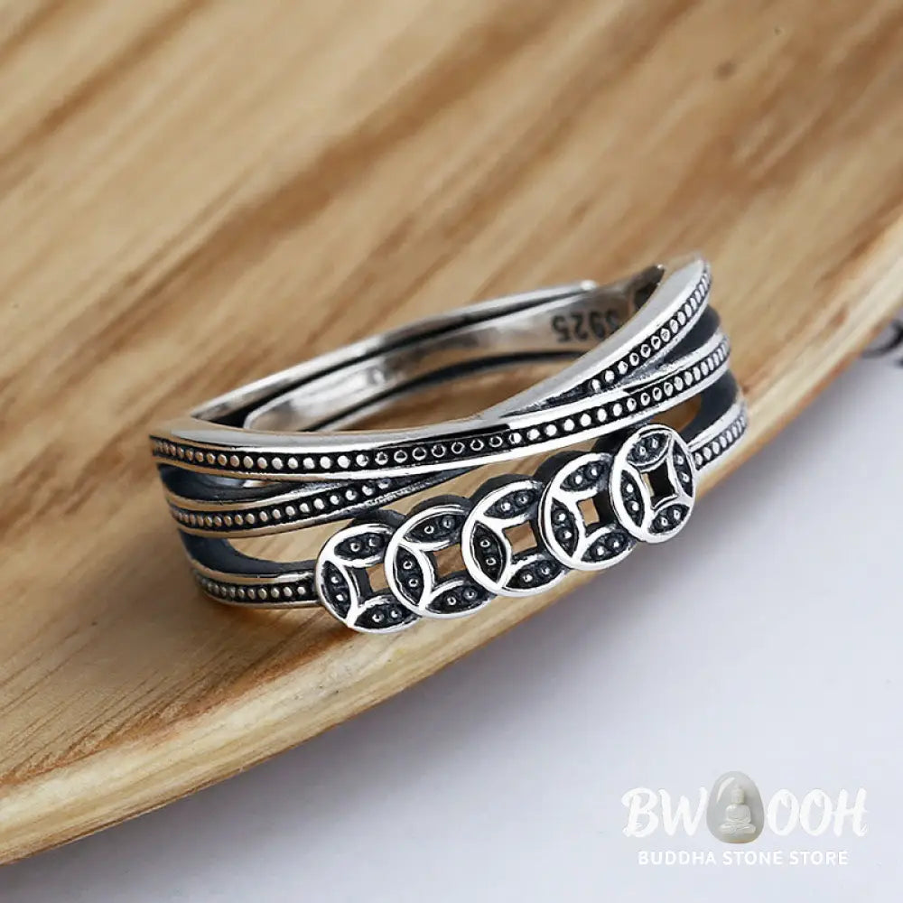 Buddha Stones 925 Sterling Silver Copper Coins Wealth Blessing Adjustable Ring - BWOOOH - 925 Sterling