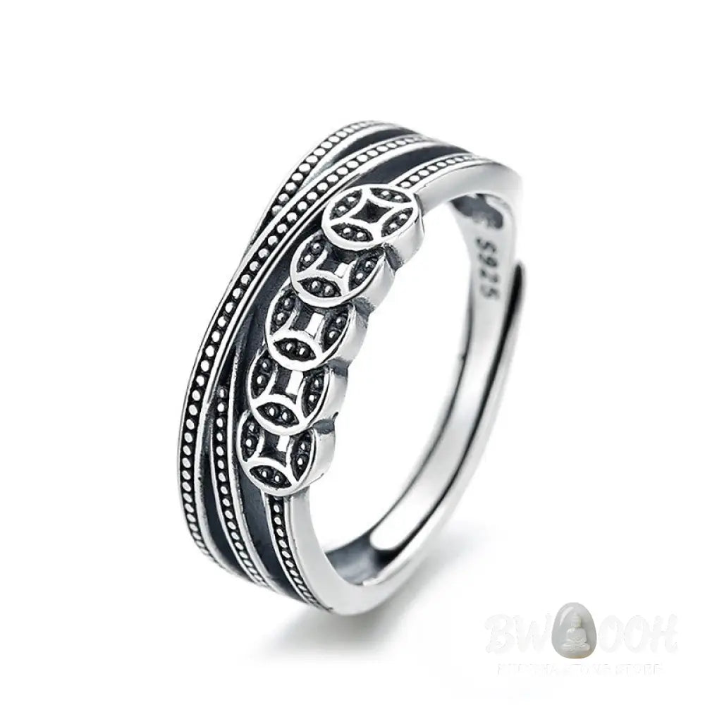 Buddha Stones 925 Sterling Silver Copper Coins Wealth Blessing Adjustable Ring - BWOOOH - 925 Sterling