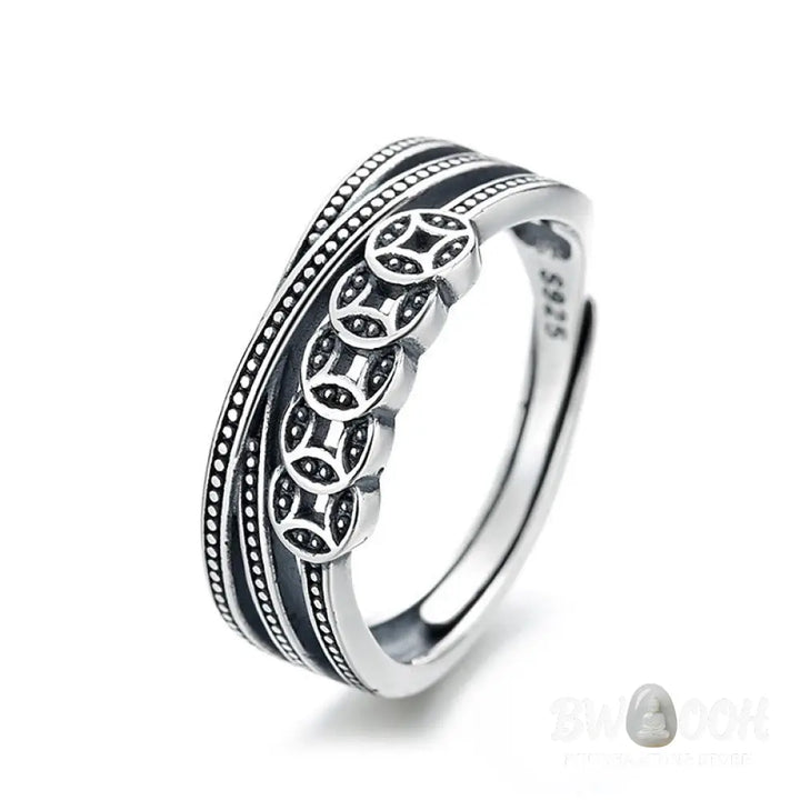 Buddha Stones 925 Sterling Silver Copper Coins Wealth Blessing Adjustable Ring - BWOOOH - 925 Sterling