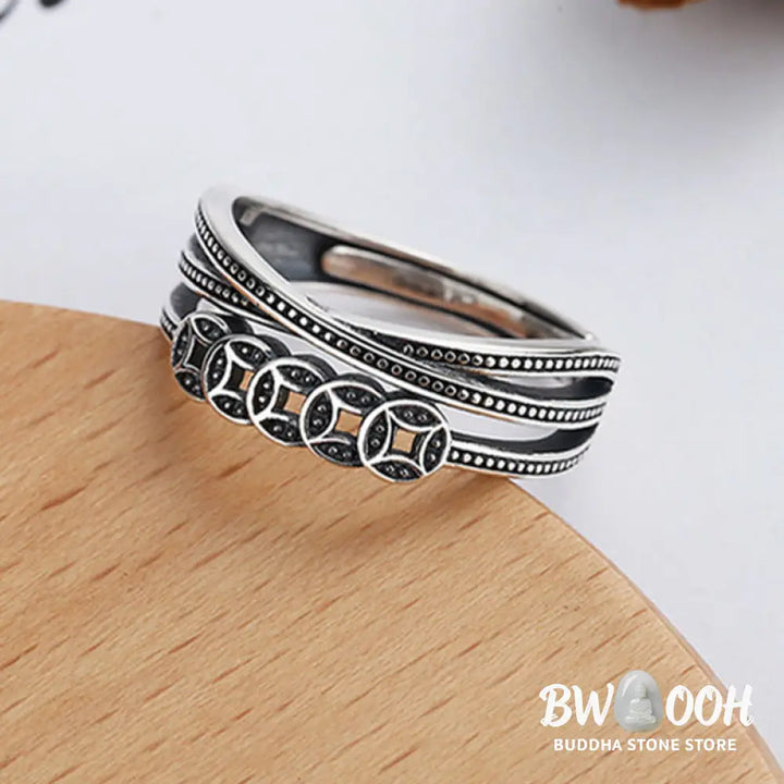 Buddha Stones 925 Sterling Silver Copper Coins Wealth Blessing Adjustable Ring - BWOOOH - 925 Sterling