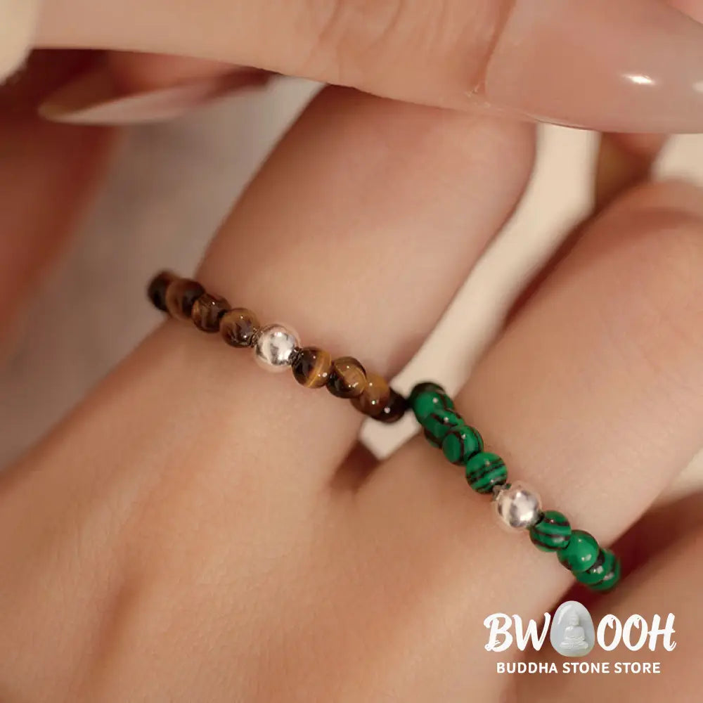 Buddha Stones 925 Sterling Silver Crystal Beads White Jade Black Onyx Blessing Elastic Ring - Ring