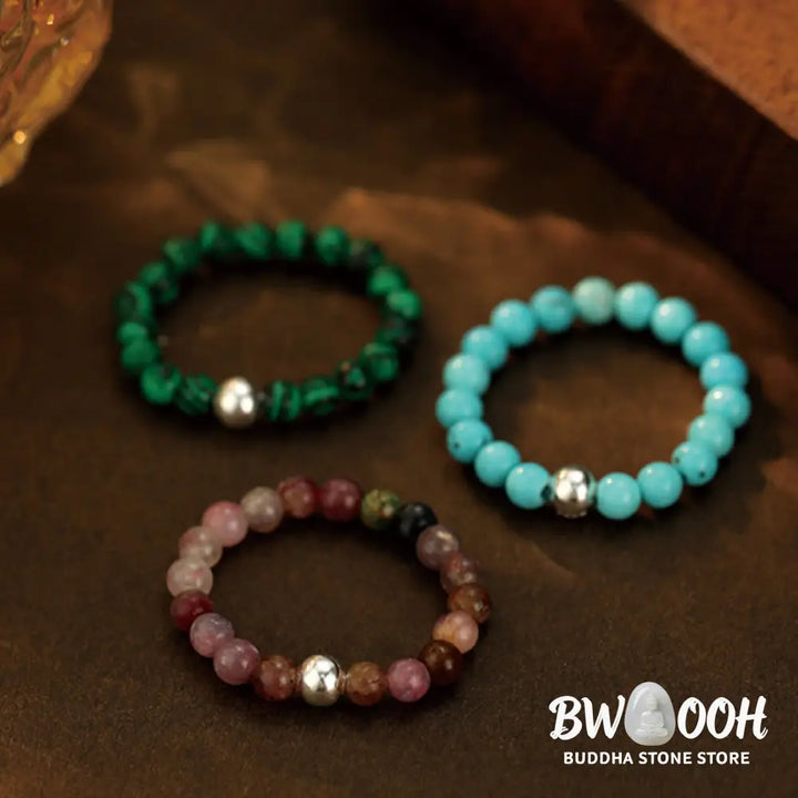 Buddha Stones 925 Sterling Silver Crystal Beads White Jade Black Onyx Blessing Elastic Ring - Ring