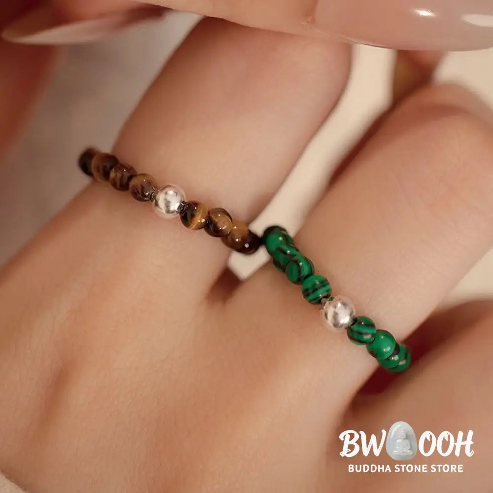 Buddha Stones 925 Sterling Silver Crystal Beads White Jade Black Onyx Blessing Elastic Ring - Ring