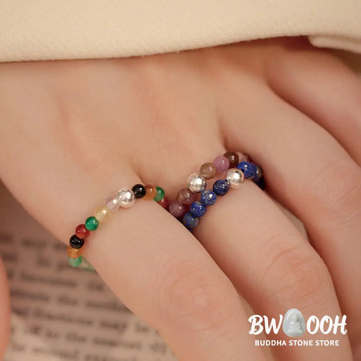 Buddha Stones 925 Sterling Silver Crystal Beads White Jade Black Onyx Blessing Elastic Ring - Ring