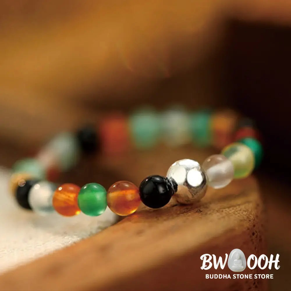 Buddha Stones 925 Sterling Silver Crystal Beads White Jade Black Onyx Blessing Elastic Ring - Ring