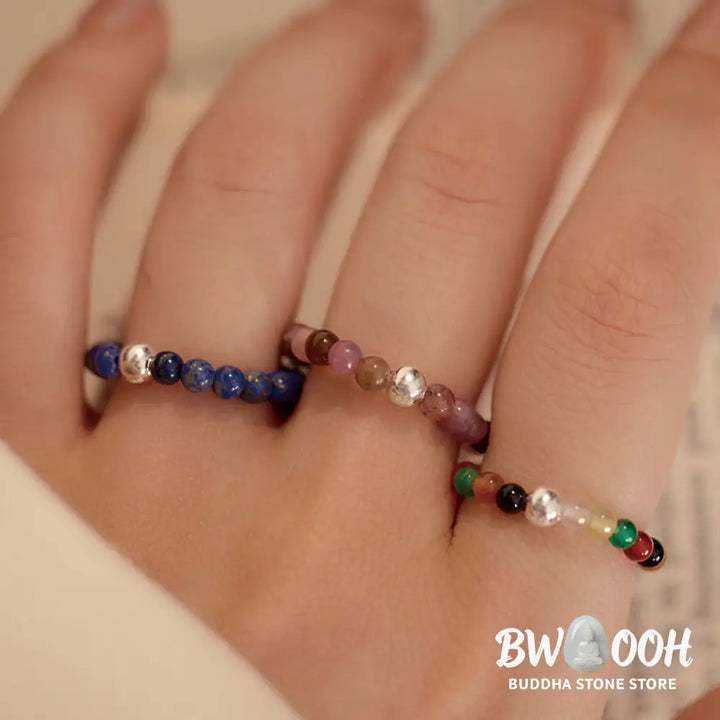 Buddha Stones 925 Sterling Silver Crystal Beads White Jade Black Onyx Blessing Elastic Ring - Ring