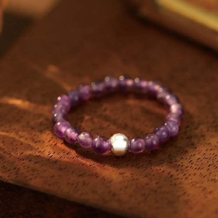 Buddha Stones 925 Sterling Silver Crystal Beads White Jade Black Onyx Blessing Elastic Ring - Amethyst / Elastic String