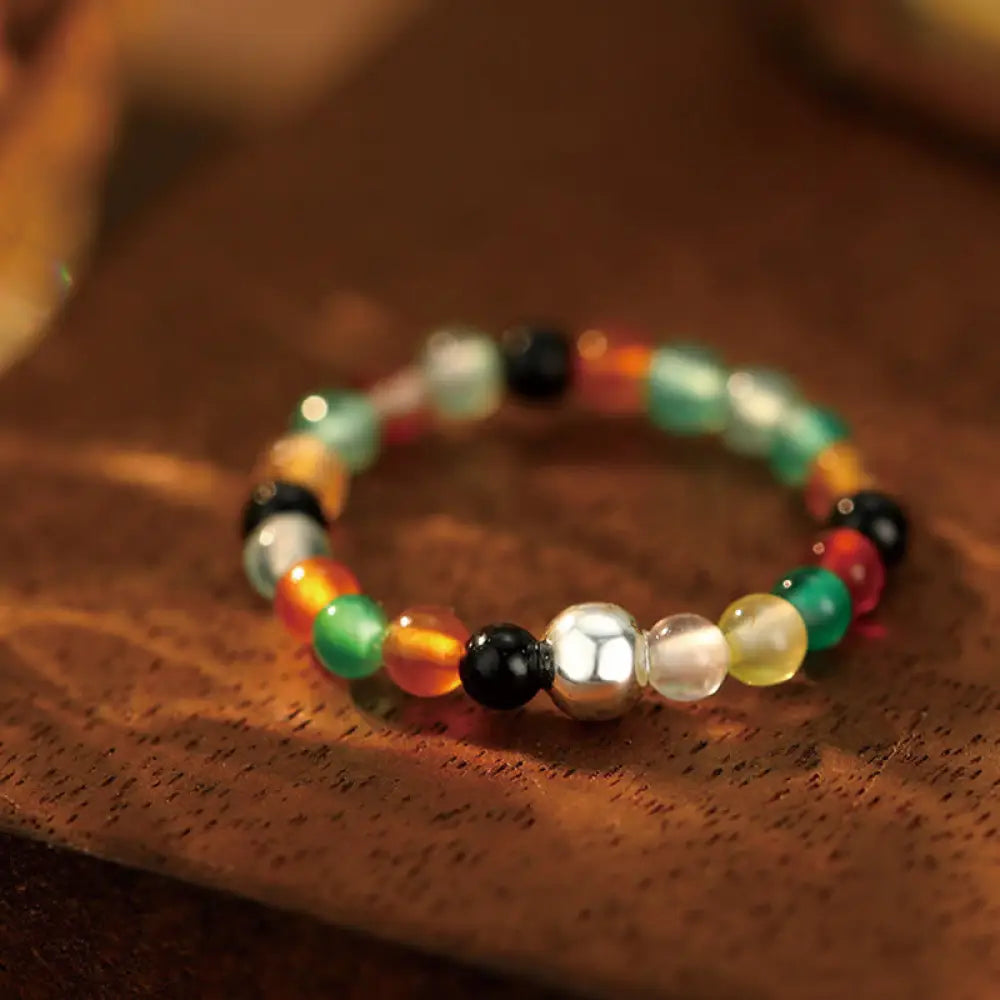Buddha Stones 925 Sterling Silver Crystal Beads White Jade Black Onyx Blessing Elastic Ring - Colored Agate / Elastic