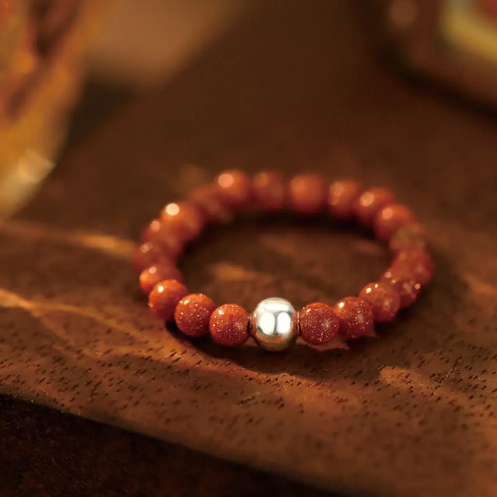 Buddha Stones 925 Sterling Silver Crystal Beads White Jade Black Onyx Blessing Elastic Ring - Goldstone / Elastic