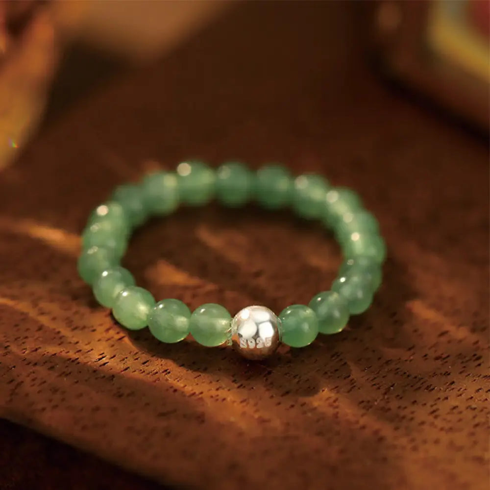 Buddha Stones 925 Sterling Silver Crystal Beads White Jade Black Onyx Blessing Elastic Ring - Green Aventurine
