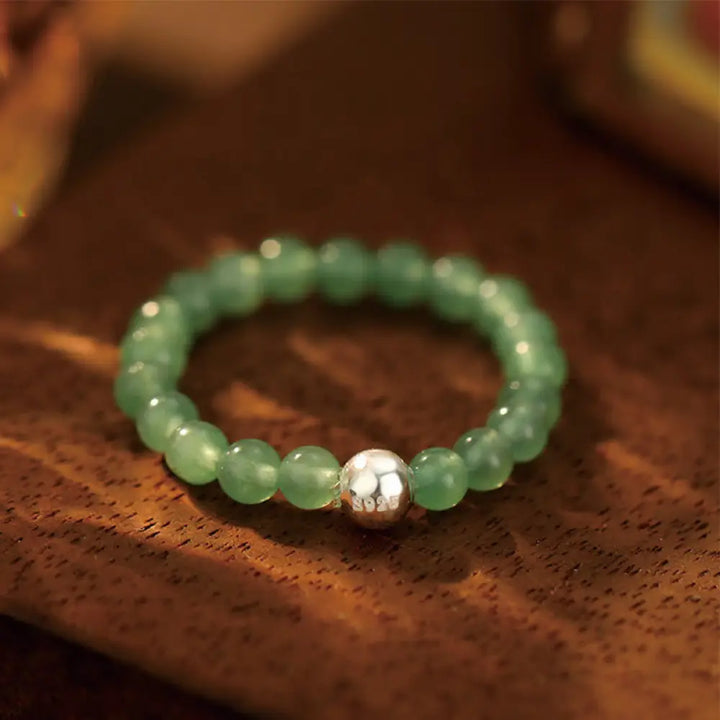 Buddha Stones 925 Sterling Silver Crystal Beads White Jade Black Onyx Blessing Elastic Ring - Green Aventurine