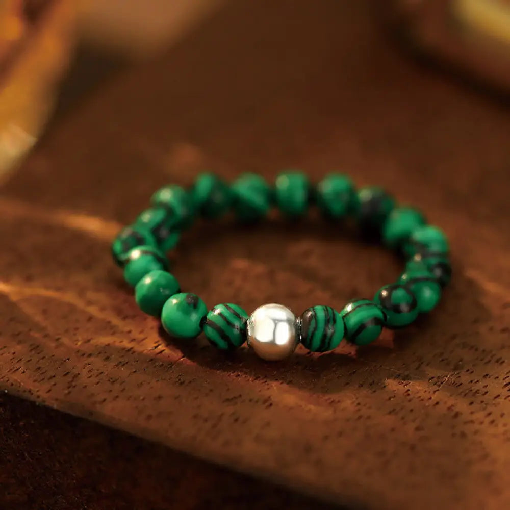 Buddha Stones 925 Sterling Silver Crystal Beads White Jade Black Onyx Blessing Elastic Ring - Malachite / Elastic