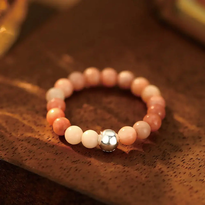 Buddha Stones 925 Sterling Silver Crystal Beads White Jade Black Onyx Blessing Elastic Ring - Pink Aventurine / Elastic