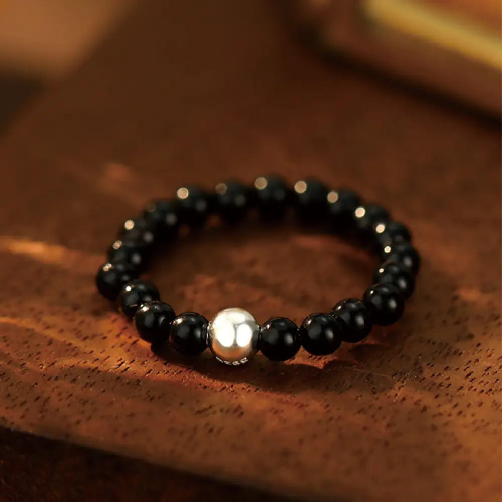 Buddha Stones 925 Sterling Silver Crystal Beads White Jade Black Onyx Blessing Elastic Ring - Black Onyx / Elastic