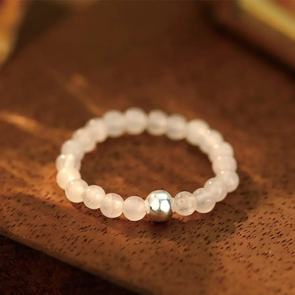 Buddha Stones 925 Sterling Silver Crystal Beads White Jade Black Onyx Blessing Elastic Ring - White Jade / Elastic