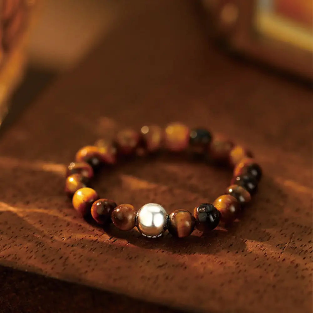 Buddha Stones 925 Sterling Silver Crystal Beads White Jade Black Onyx Blessing Elastic Ring - Tiger Eye / Elastic