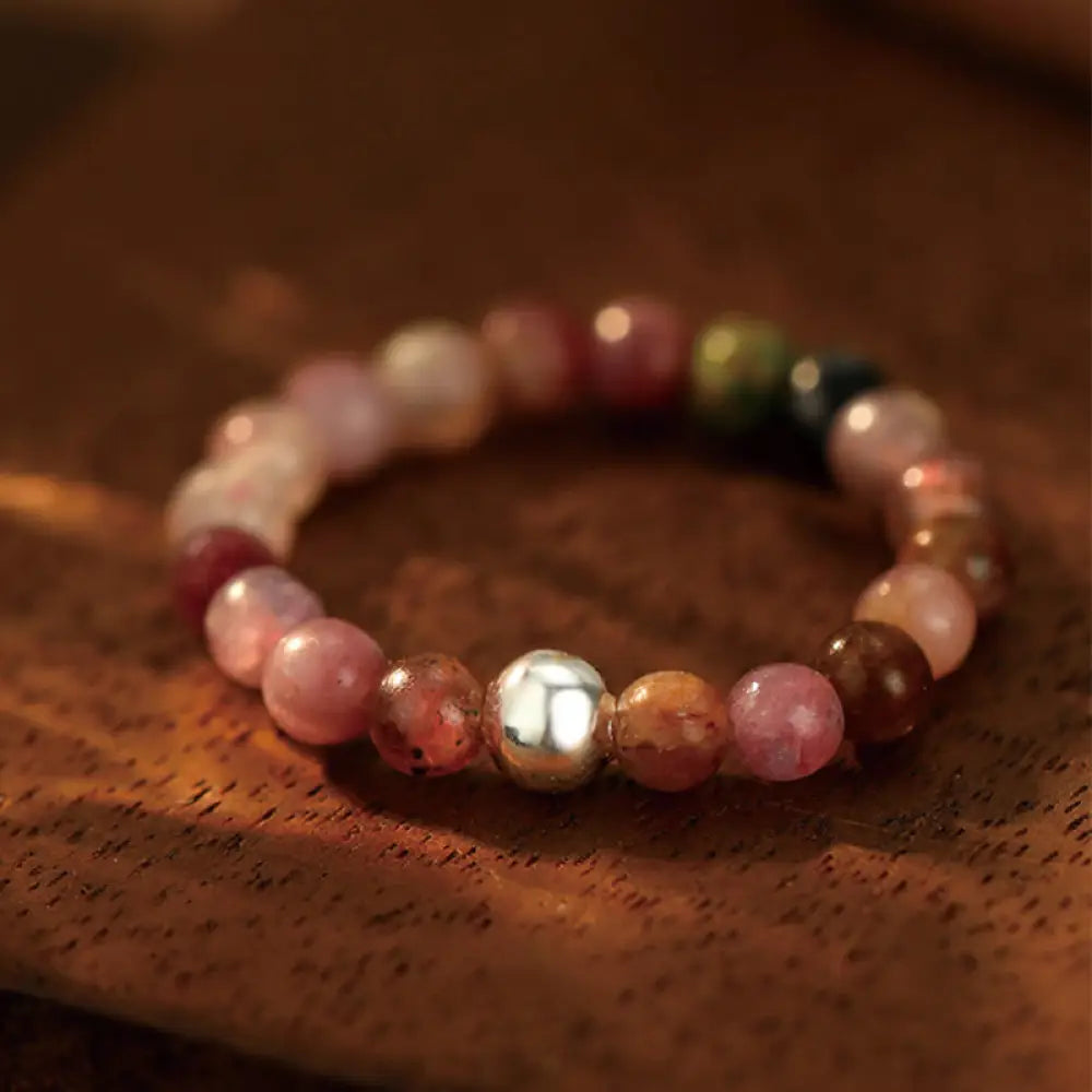 Buddha Stones 925 Sterling Silver Crystal Beads White Jade Black Onyx Blessing Elastic Ring - Tourmaline / Elastic