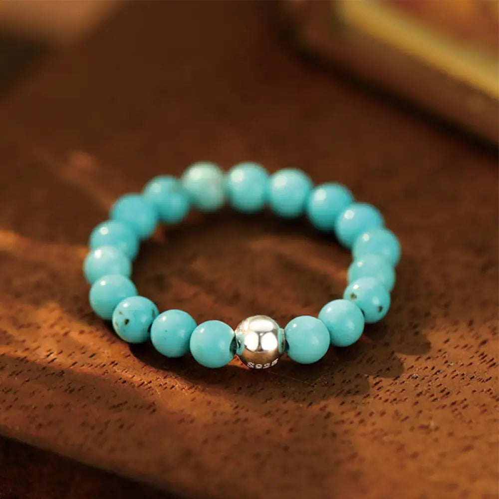 Buddha Stones 925 Sterling Silver Crystal Beads White Jade Black Onyx Blessing Elastic Ring - Turquoise / Elastic