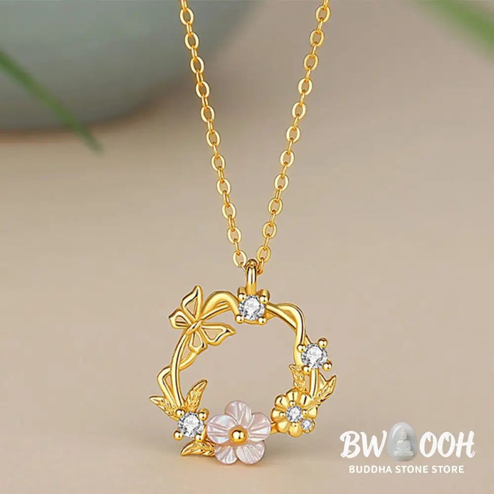 Buddha Stones 925 Sterling Silver Cubic Zirconia Shell Butterfly Peach Blossom Blessing Necklace Pendant - BWOOOH - 925