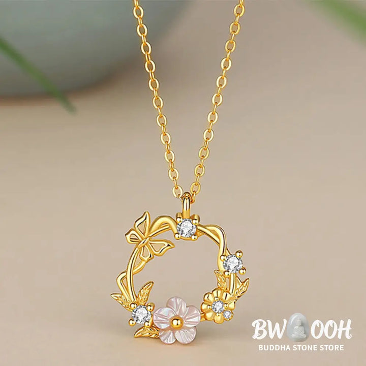Buddha Stones 925 Sterling Silver Cubic Zirconia Shell Butterfly Peach Blossom Blessing Necklace Pendant - BWOOOH - 925