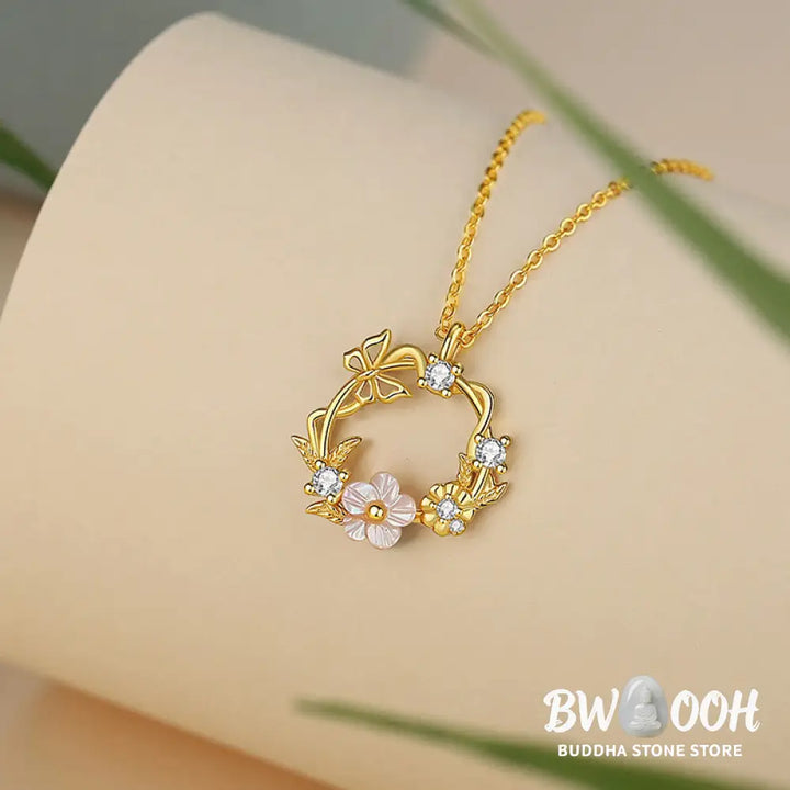 Buddha Stones 925 Sterling Silver Cubic Zirconia Shell Butterfly Peach Blossom Blessing Necklace Pendant - BWOOOH - 925