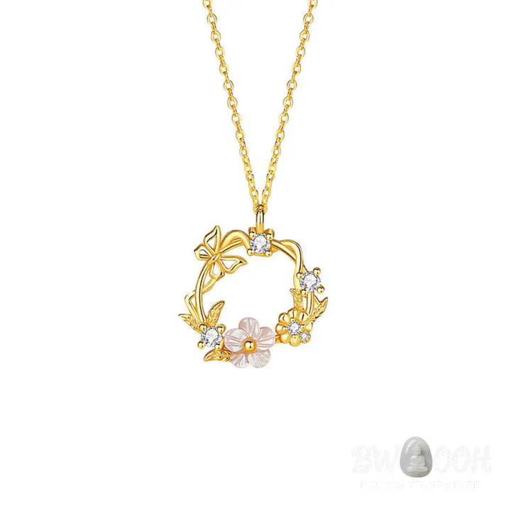 Buddha Stones 925 Sterling Silver Cubic Zirconia Shell Butterfly Peach Blossom Blessing Necklace Pendant - BWOOOH - 925