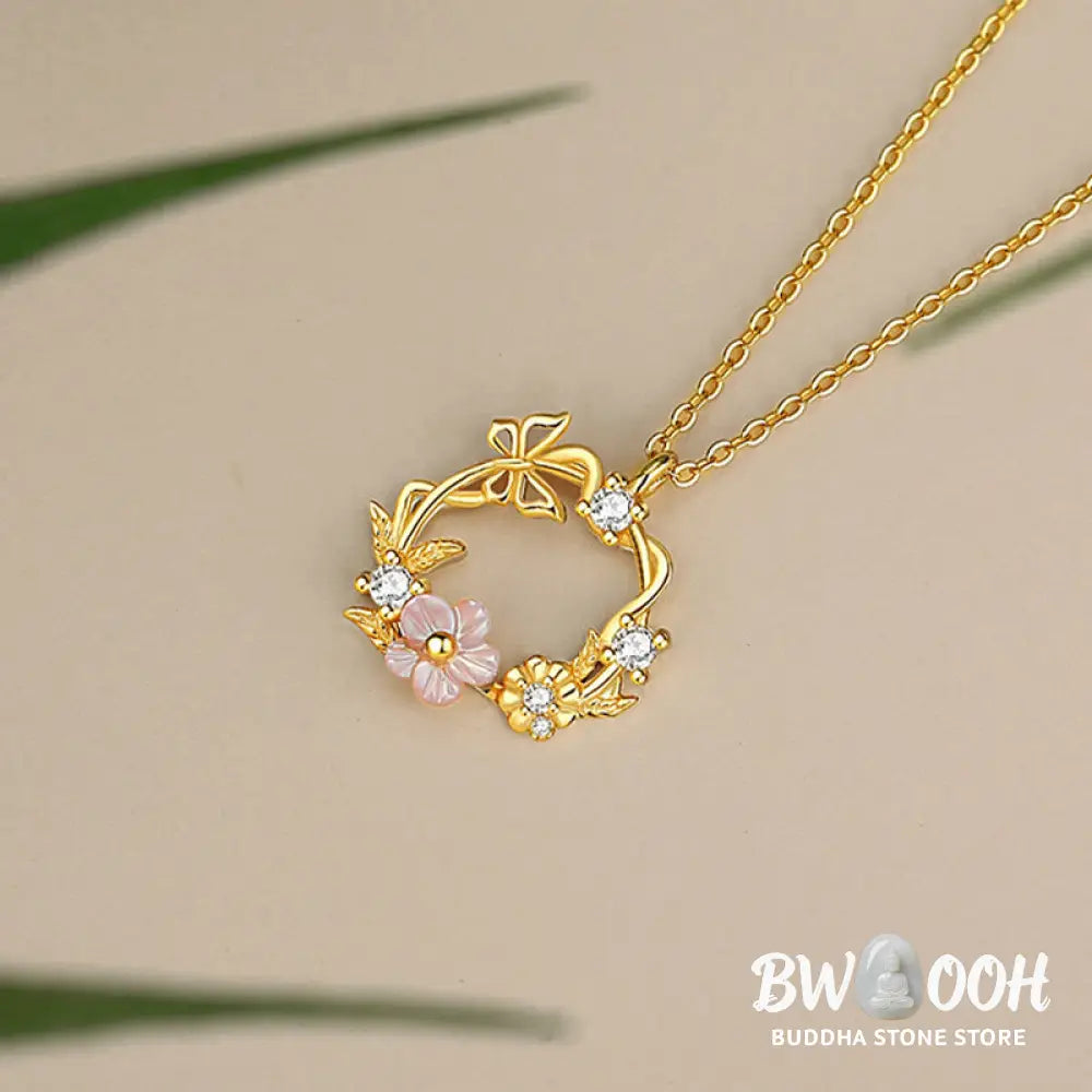 Buddha Stones 925 Sterling Silver Cubic Zirconia Shell Butterfly Peach Blossom Blessing Necklace Pendant - BWOOOH - 925