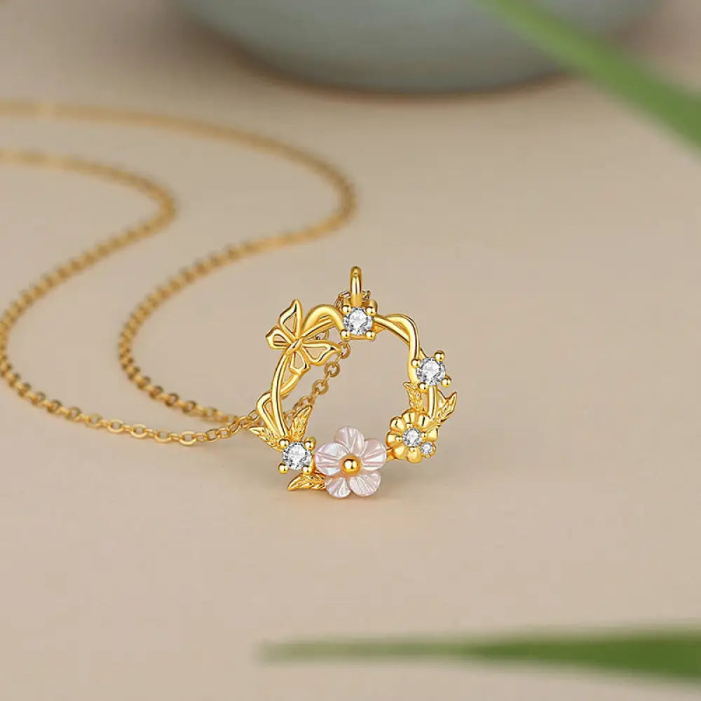 Buddha Stones 925 Sterling Silver Cubic Zirconia Shell Butterfly Peach Blossom Blessing Necklace Pendant - BWOOOH - 925