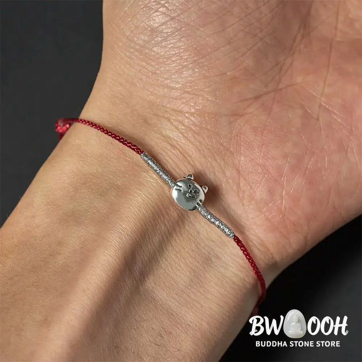 Buddha Stones 925 Sterling Silver Cute Cat Red String Braided Bracelet - Bracelet