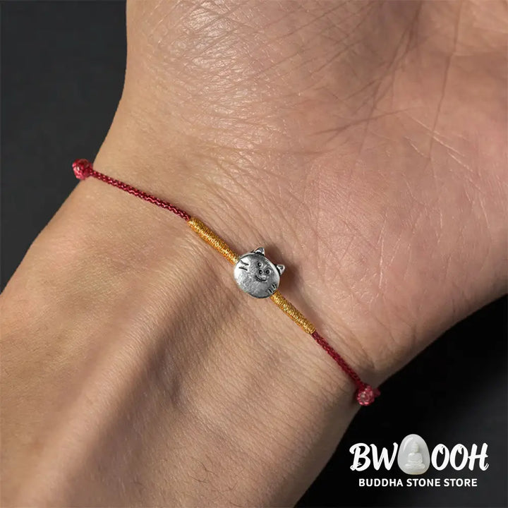 Buddha Stones 925 Sterling Silver Cute Cat Red String Braided Bracelet - Bracelet