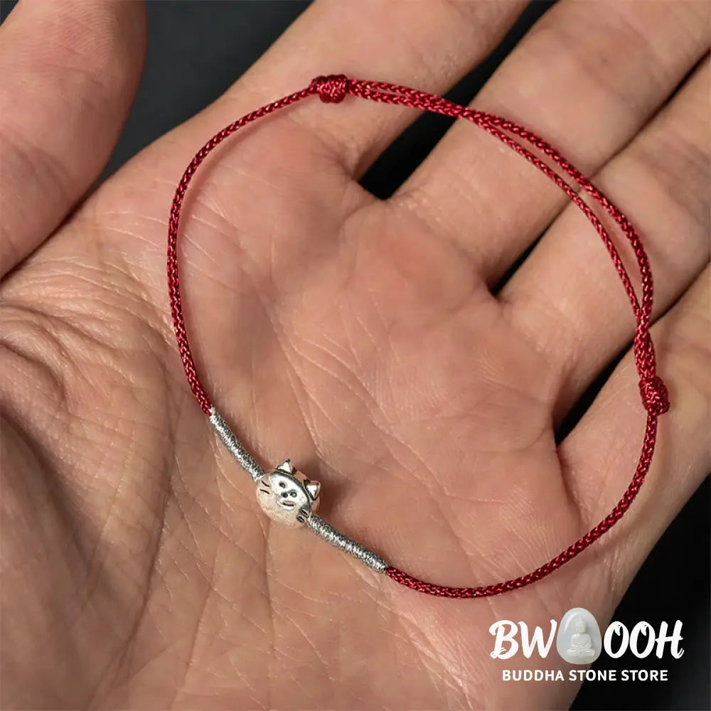 Buddha Stones 925 Sterling Silver Cute Cat Red String Braided Bracelet - Bracelet