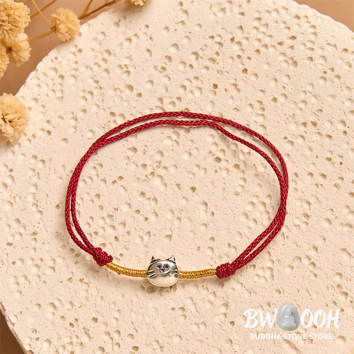 Buddha Stones 925 Sterling Silver Cute Cat Red String Braided Bracelet - Bracelet