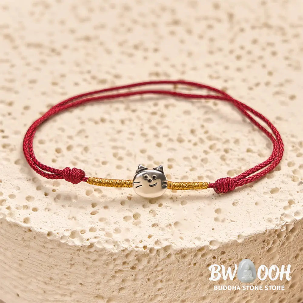 Buddha Stones 925 Sterling Silver Cute Cat Red String Braided Bracelet - Bracelet