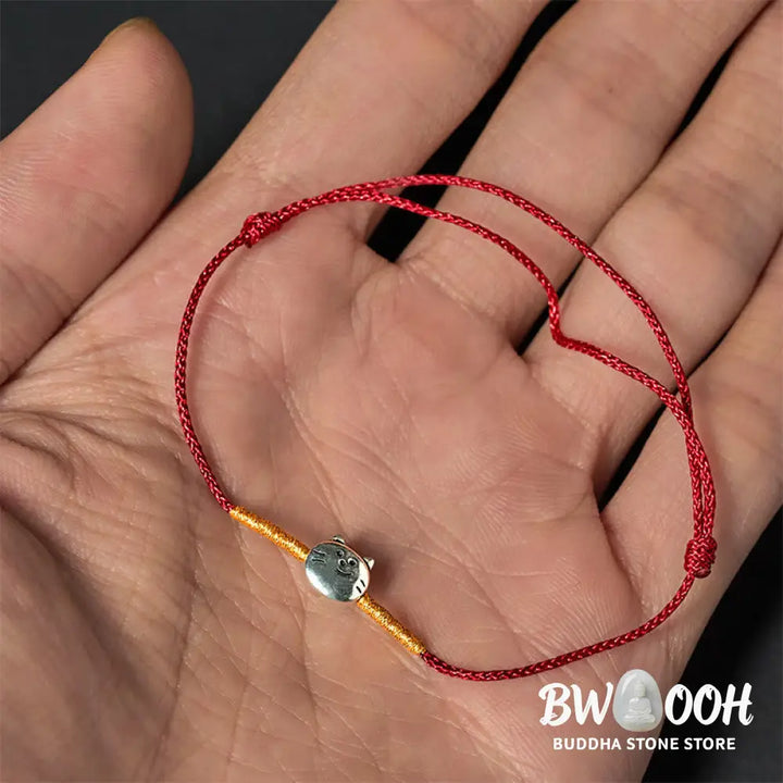 Buddha Stones 925 Sterling Silver Cute Cat Red String Braided Bracelet - Bracelet