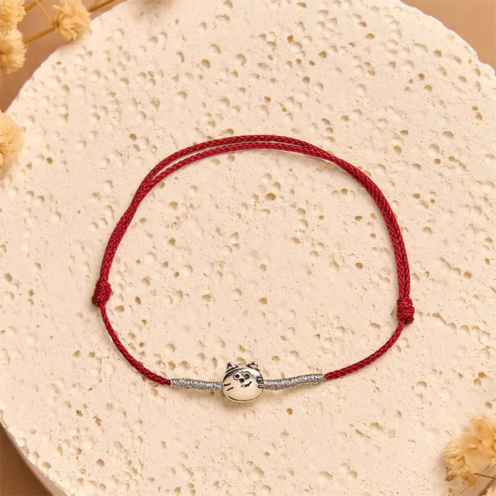 Buddha Stones 925 Sterling Silver Cute Cat Red String Braided Bracelet - Silver Red String(Wrist Circumference 14-18cm)