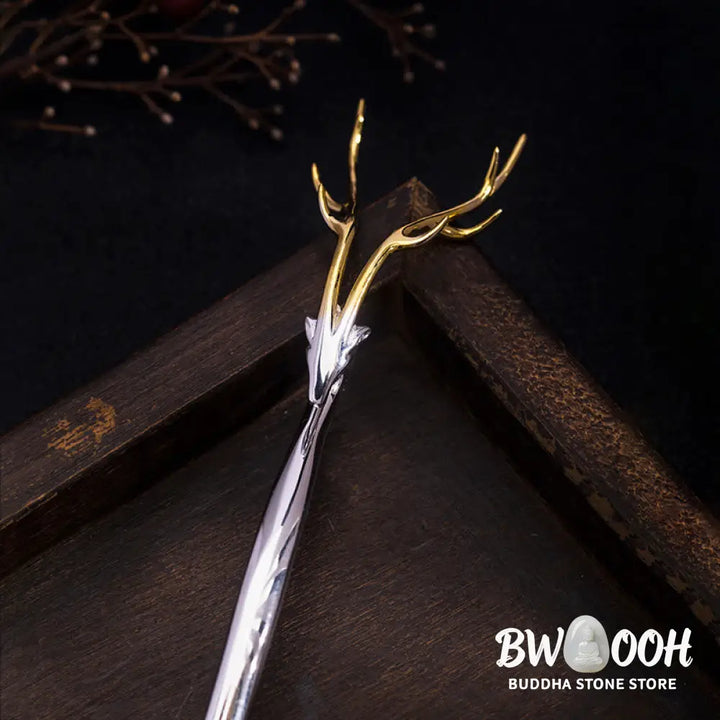 Buddha Stones 925 Sterling Silver Deer Antler Protection Hairpin - Deer Antler Hairpin - Hairpin