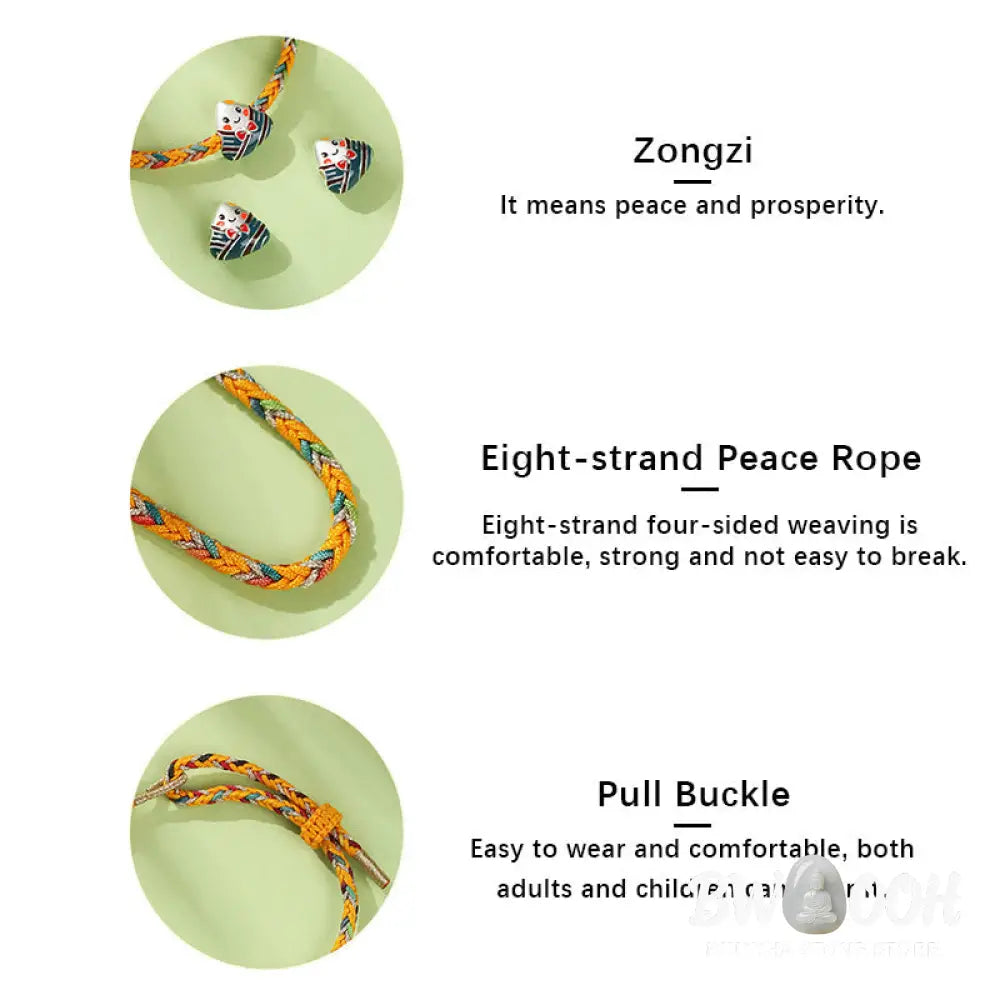 Buddha Stones 925 Sterling Silver Dragon Boat Festival Zongzi Pattern Luck Handmade Multicolored Rope Child Adult