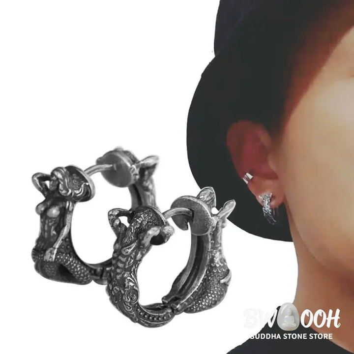 Buddha Stones 925 Sterling Silver Dragon Hoop Pattern Protection Earrings - Earrings
