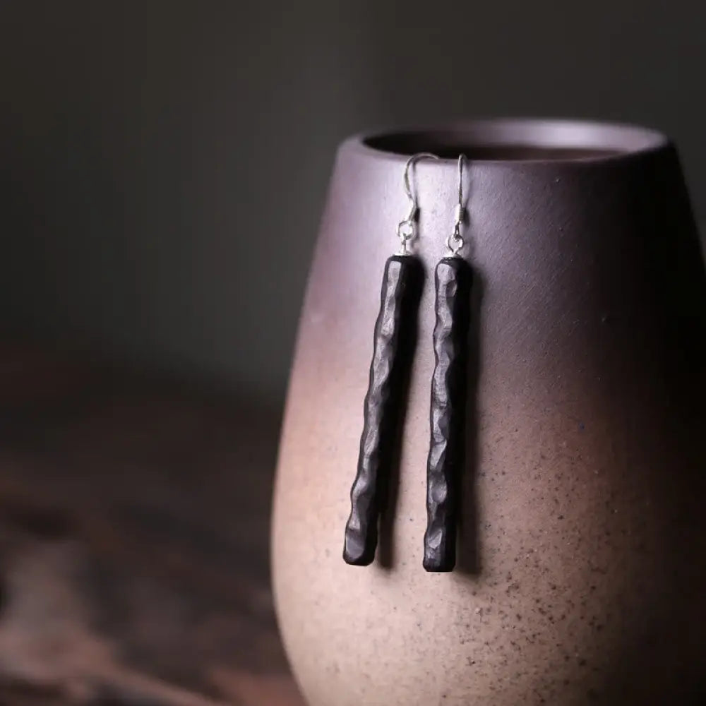 Buddha Stones 925 Sterling Silver Ebony Wood Texture Balance Peace Drop Dangle Earrings - Texture Ebony Wood - Earrings
