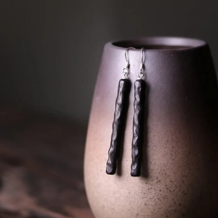 Buddha Stones 925 Sterling Silver Ebony Wood Texture Balance Peace Drop Dangle Earrings - Texture Ebony Wood - Earrings
