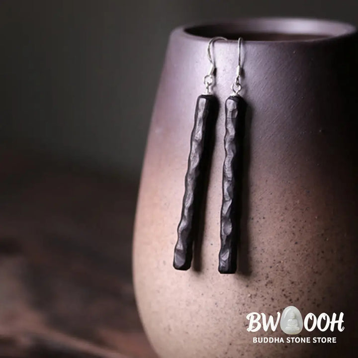 Buddha Stones 925 Sterling Silver Ebony Wood Texture Balance Peace Drop Dangle Earrings - Earrings