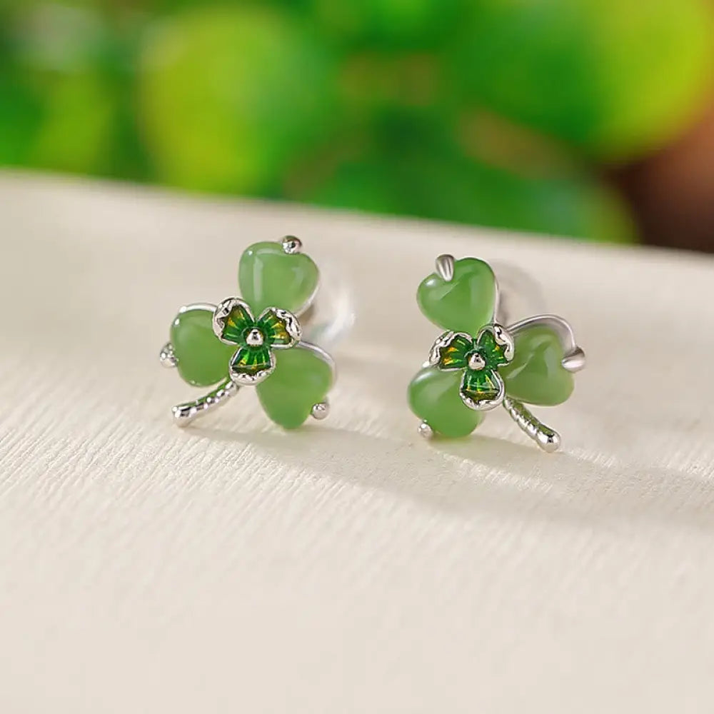 BWOOOH 925 Sterling Silver Enamel Hetian Jade Shamrock Luck Earrings — Sterling Silver jade bracelet for spiritual healing...