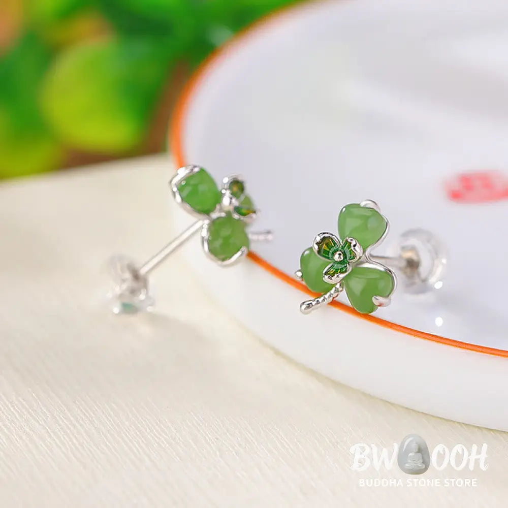 Buddha Stones 925 Sterling Silver Enamel Hetian Jade Shamrock Luck Earrings - 925 Sterling Silver Hetian Jade - Earrings