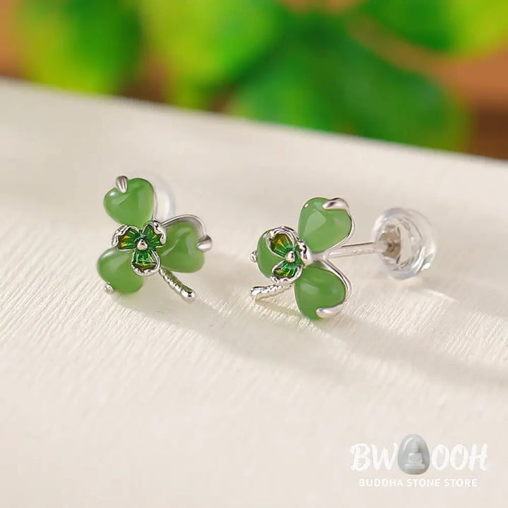 Buddha Stones 925 Sterling Silver Enamel Hetian Jade Shamrock Luck Earrings - 925 Sterling Silver Hetian Jade - Earrings