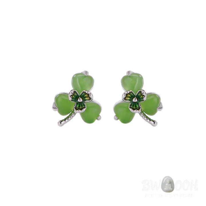 Buddha Stones 925 Sterling Silver Enamel Hetian Jade Shamrock Luck Earrings - 925 Sterling Silver Hetian Jade - Earrings