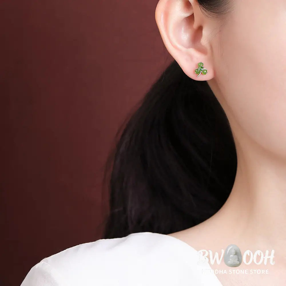 Buddha Stones 925 Sterling Silver Enamel Hetian Jade Shamrock Luck Earrings - 925 Sterling Silver Hetian Jade - Earrings